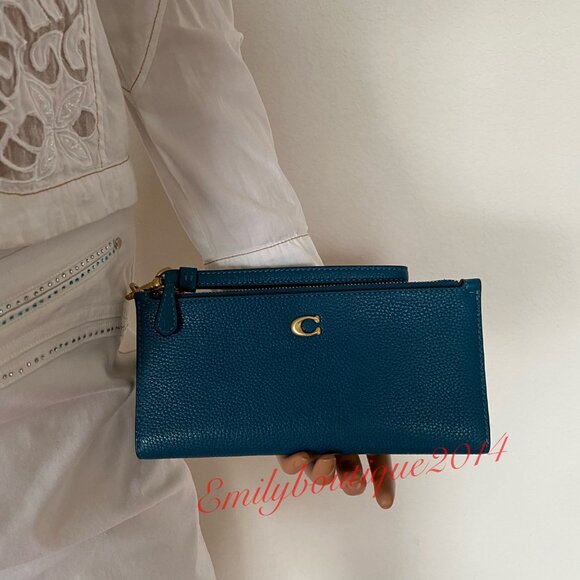 NWT Coach Retail CC553 Double Zip Pebble Leather Deep Turquoide Wallet Wristlet - Picture 2 of 6